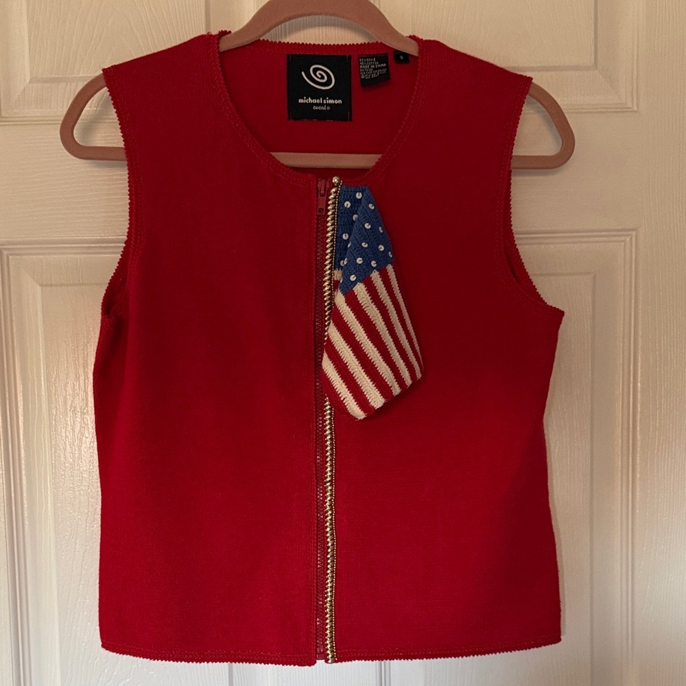 Michael Simon Red Full Zip Sleeveless Top Vest with Flag Accent Size S